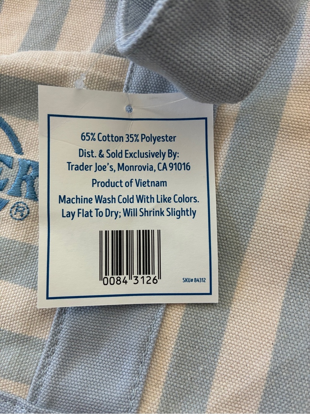 Trader Joe's 2026 Limited Edition Light Blue and Cream Stripe Canvas Tote - Picture 3 of 5